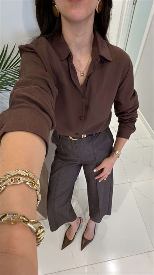 MD Stras Kahve Keten Gömlek