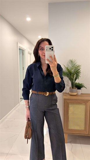 MD Stras Lacivert Keten Gömlek