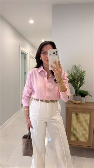 MD Stras Pembe Keten Gömlek