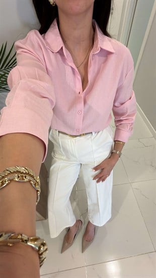 MD Stras Pembe Keten Gömlek