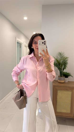 MD Stras Pembe Keten Gömlek