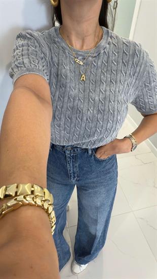 MD Tita Gri Örme Detaylı Kısa Kol Triko