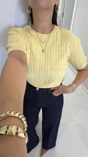 MD Tita Sarı Örme Detaylı Kısa Kol Triko