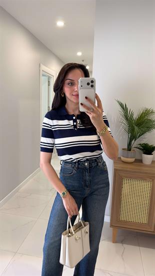 MD Veone Lacivert Beyaz Polo Yaka Kısa Kol Triko