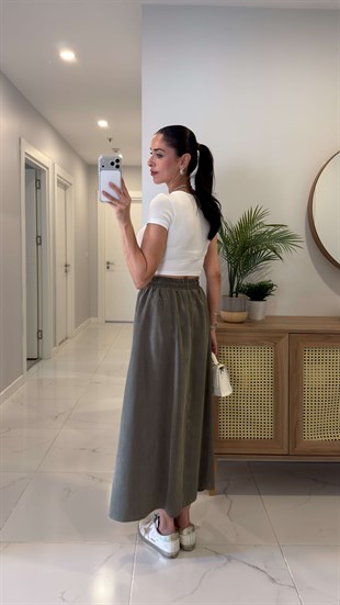 Md Violetta Haki Beli Lastikli Tensel Etek