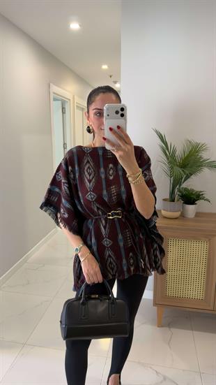 MD Violla Bordo Mavi Desenli Kemer Detaylı Panço Triko