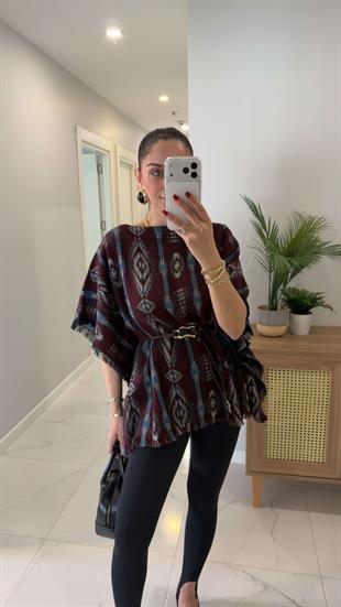MD Violla Bordo Mavi Desenli Kemer Detaylı Panço Triko