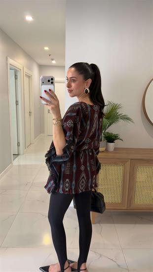 MD Violla Bordo Mavi Desenli Kemer Detaylı Panço Triko