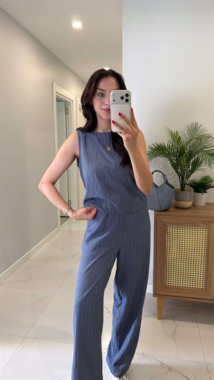 MD Vude İndigo Çizgili Kolsuz Bluz Pantolon Takım