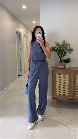 MD Vude İndigo Çizgili Kolsuz Bluz Pantolon Takım