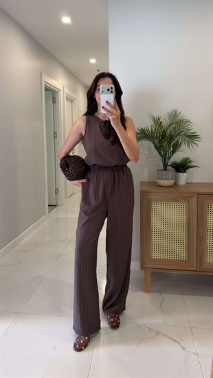 MD Vude Kahve Çizgili Kolsuz Bluz Pantolon Takım