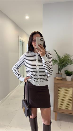 MD Wies Beyaz Kahve Çizgili Hırka