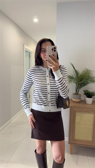 MD Wies Beyaz Kahve Çizgili Hırka