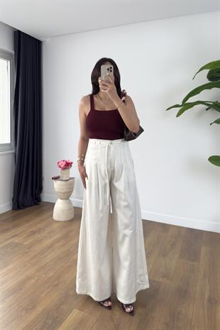 MD Yuyu Ekru İp Kemerli Flatolu Palazzo Pantolon