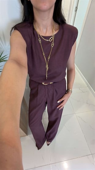 MD Zorex Bordo Vatkalı Keten Takım