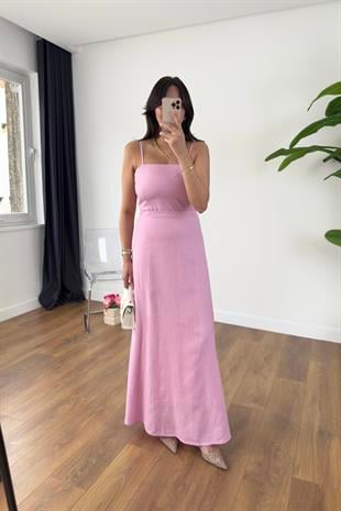 Medusa Pembe Astarlı Kemerli Midi Boy Elbise