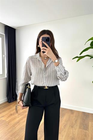 Melanam Siyah Bej Çizgili Gömlek