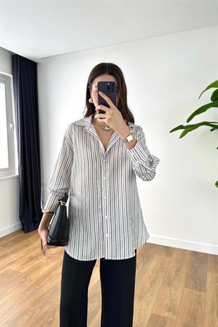 Melanam Siyah Bej Çizgili Gömlek