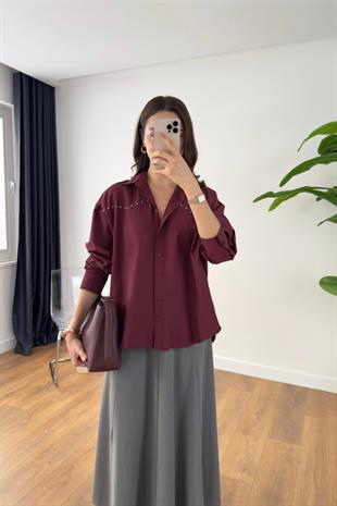 Melesa Bordo Boncuk Detaylı Gömlek