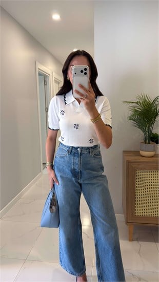 Mellan Ekru Polo Yaka İşleme Detaylı Triko