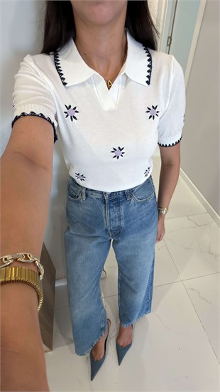 Mellan Ekru Polo Yaka İşleme Detaylı Triko