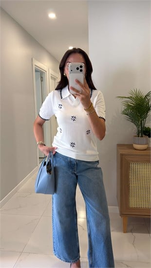 Mellan Ekru Polo Yaka İşleme Detaylı Triko
