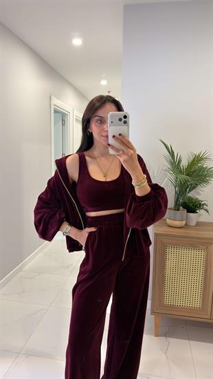 Melodi Bordo Üçlü Kadife Takım