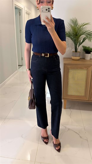Melotti Dark Blue Kesik Paça Kemerli Straight Jean