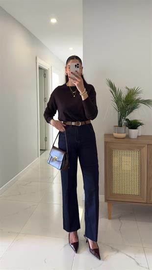 Melotti Dark Blue Kesik Paça Kemerli Straight Jean