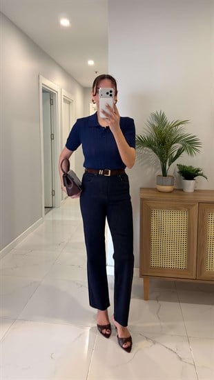 Melotti Dark Blue Kesik Paça Kemerli Straight Jean