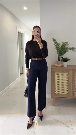 Melotti Dark Blue Kesik Paça Kemerli Straight Jean