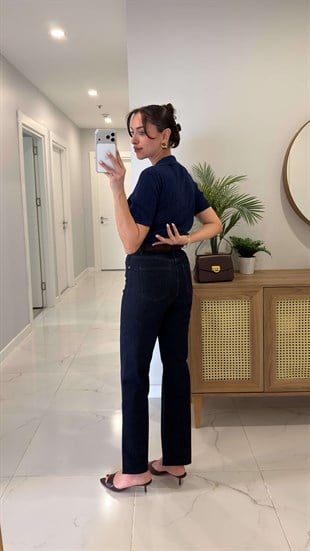 Melotti Dark Blue Kesik Paça Kemerli Straight Jean