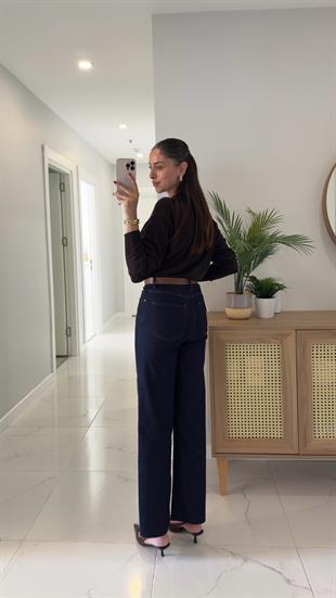 Melotti Dark Blue Kesik Paça Kemerli Straight Jean