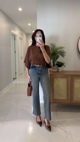 Melotti Mavi Yıkama Kesik Paça Kemerli Straight Jean