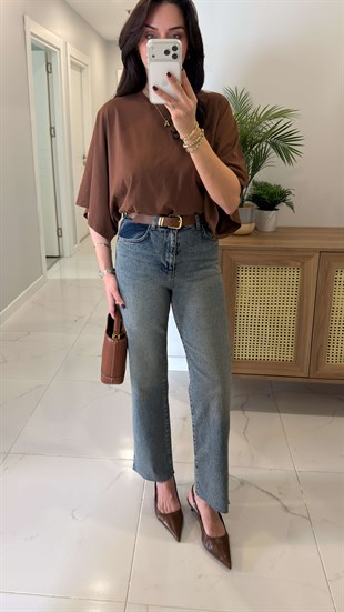 Melotti Mavi Yıkama Kesik Paça Kemerli Straight Jean