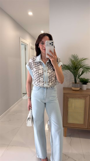 Melsta Mavi Çiçek İşleme Detaylı Denim Pantolon Takım