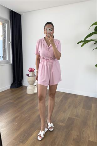 Melvin Pembe Keten Gömlek Şort Takım
