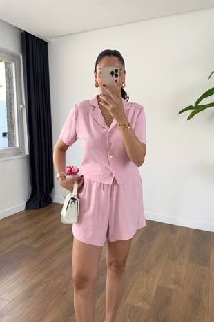 Melvin Pembe Keten Gömlek Şort Takım