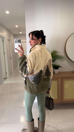Mensa Ekru Geyikli Peluş Fermuarlı Sweat