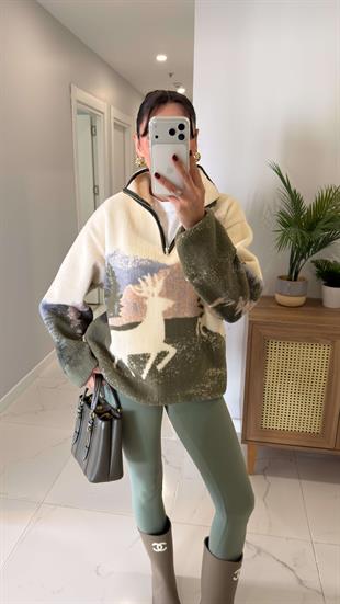 Mensa Ekru Geyikli Peluş Fermuarlı Sweat