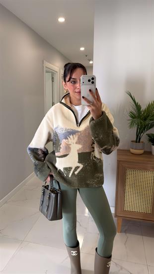 Mensa Ekru Geyikli Peluş Fermuarlı Sweat