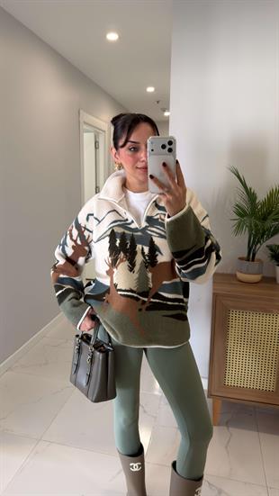 Mensa Kahve Geyikli Peluş Fermuarlı Sweat