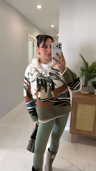 Mensa Kahve Geyikli Peluş Fermuarlı Sweat