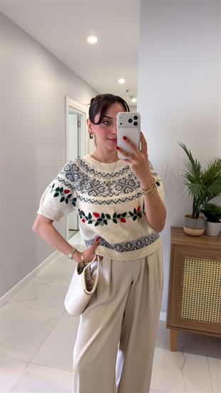 Merdra Taş Desenli Kısa Kol Triko