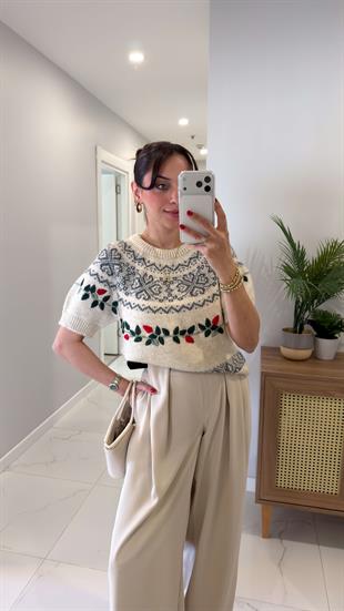 Merdra Taş Desenli Kısa Kol Triko