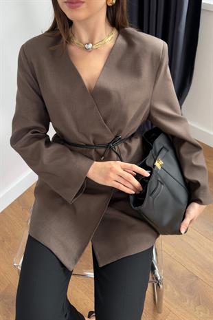 Meslan Acı Kahve Kruvaze Yaka Kemerli Blazer Ceket