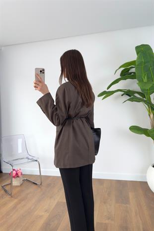 Meslan Acı Kahve Kruvaze Yaka Kemerli Blazer Ceket