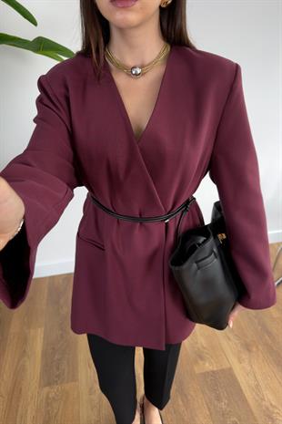 Meslan Bordo Kruvaze Yaka Kemerli Blazer Ceket