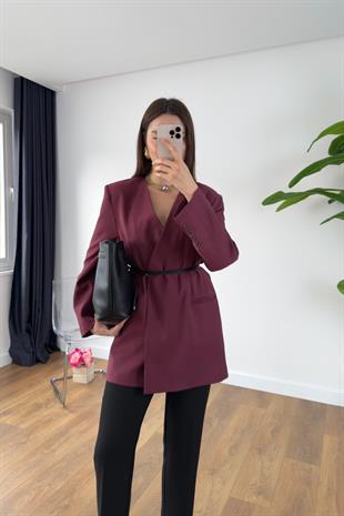 Meslan Bordo Kruvaze Yaka Kemerli Blazer Ceket