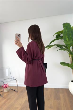Meslan Bordo Kruvaze Yaka Kemerli Blazer Ceket